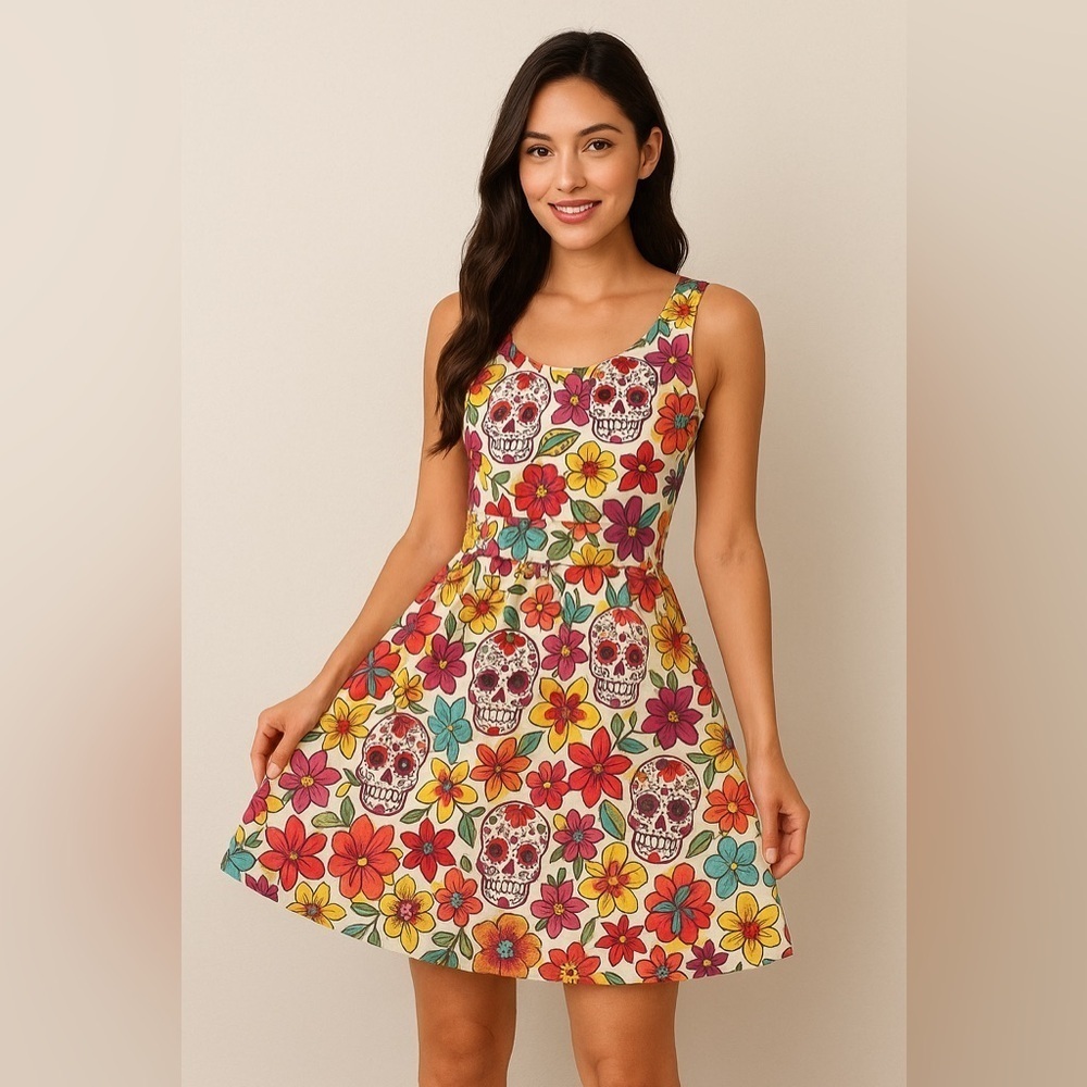 Folter Sugar Skull Floral Day of the Dead Dress Size M Made in USA Pockets